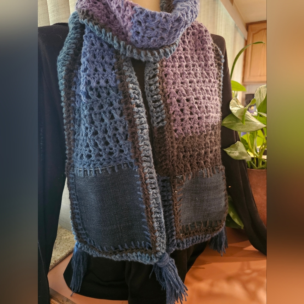 Handmade Crochet Scarf in Blue and Gray